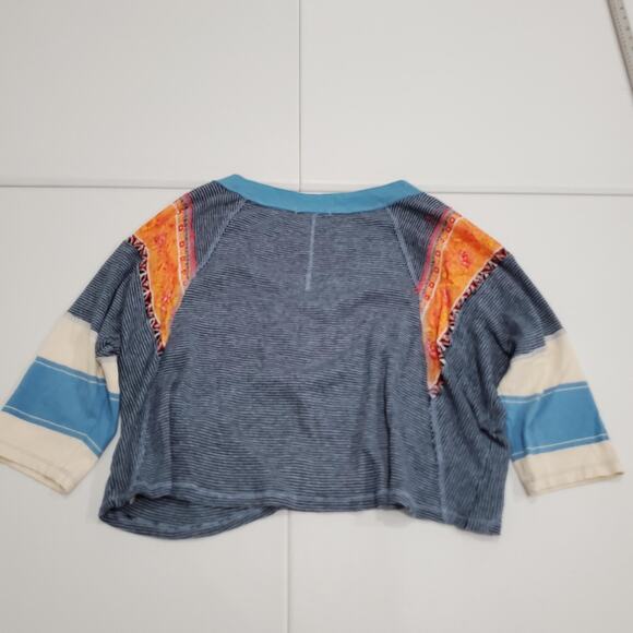 We the Free People Patchwork Raglan Shirt Womens Blue Striped Boho Cropped Tee - Picture 2 of 9